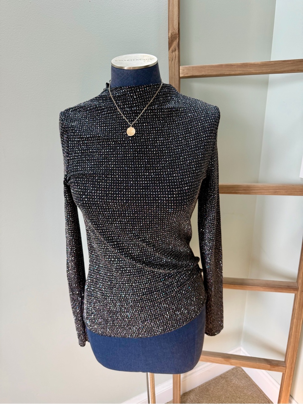 H&M Black Silver Sparkly Mock Neck Long Sleeve Turtleneck Top Size Small